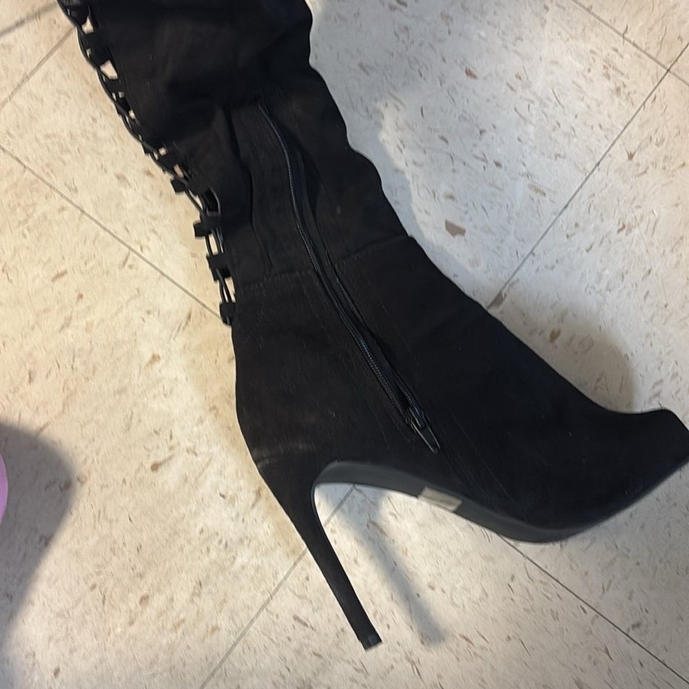 Black Knee high Peep Toe Boots